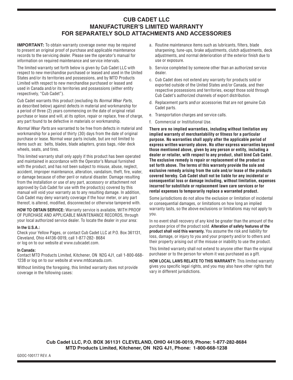 Cub Cadet 19A70001000 User Manual | Page 12 / 12