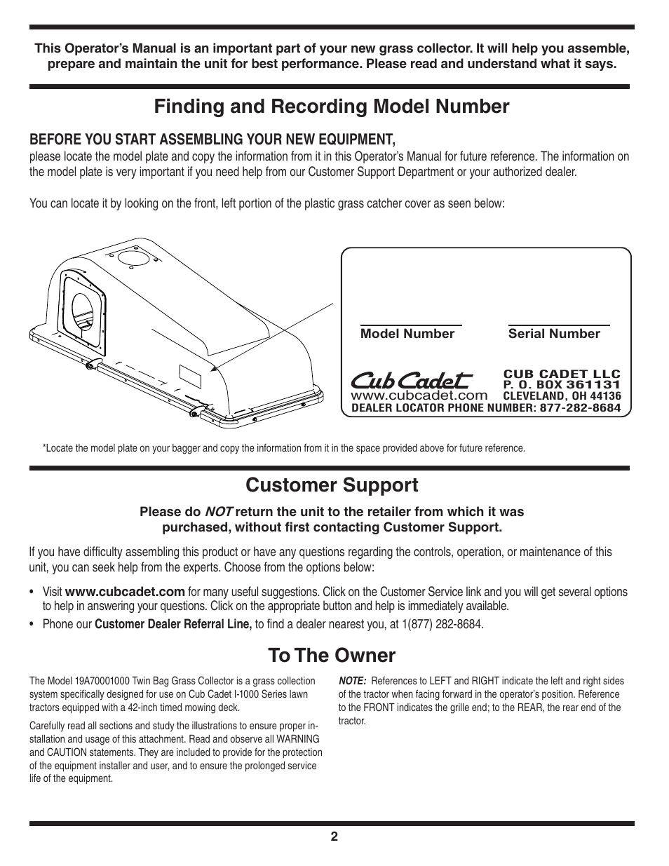 Finding and recording model number, Customer support | Cub Cadet 19A70001000 User Manual | Page 2 / 12