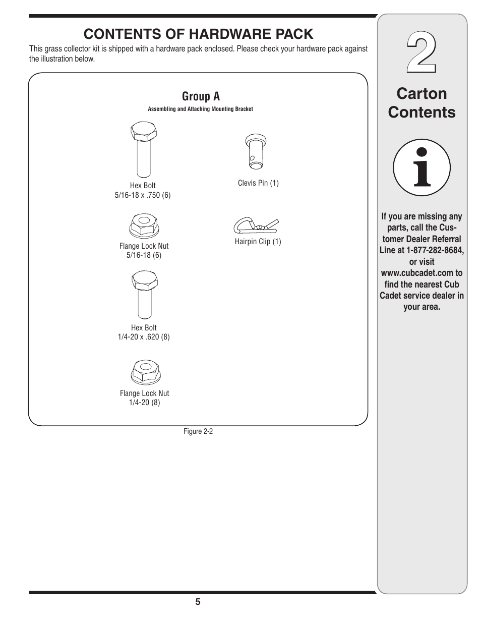 Carton contents, Contents of hardware pack | Cub Cadet 19A70001000 User Manual | Page 5 / 12