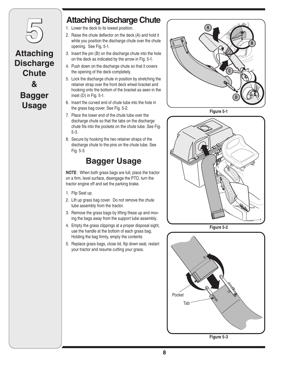Attaching discharge chute & bagger usage, Attaching discharge chute, Bagger usage | Cub Cadet 19A70001000 User Manual | Page 8 / 12