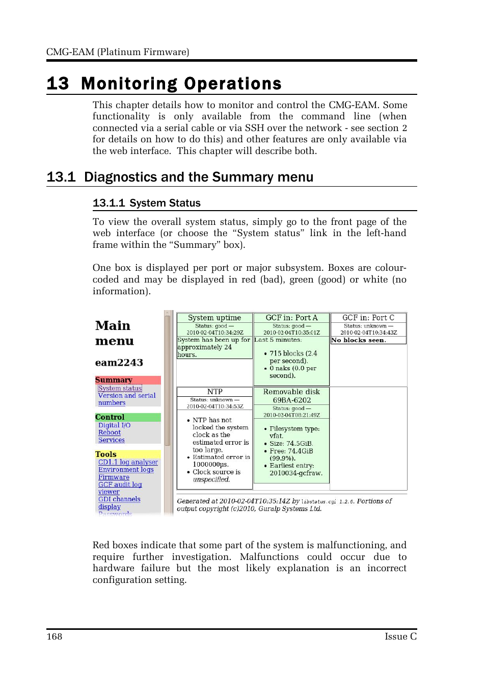 13 monitoring operations, 1 diagnostics and the summary menu | Guralp Systems CMG-DCM build <10,000 User Manual | Page 168 / 214