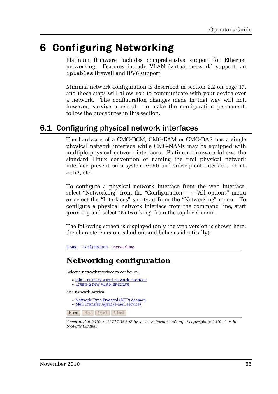 6 configuring networking, 1 configuring physical network interfaces | Guralp Systems CMG-DCM build <10,000 User Manual | Page 55 / 214