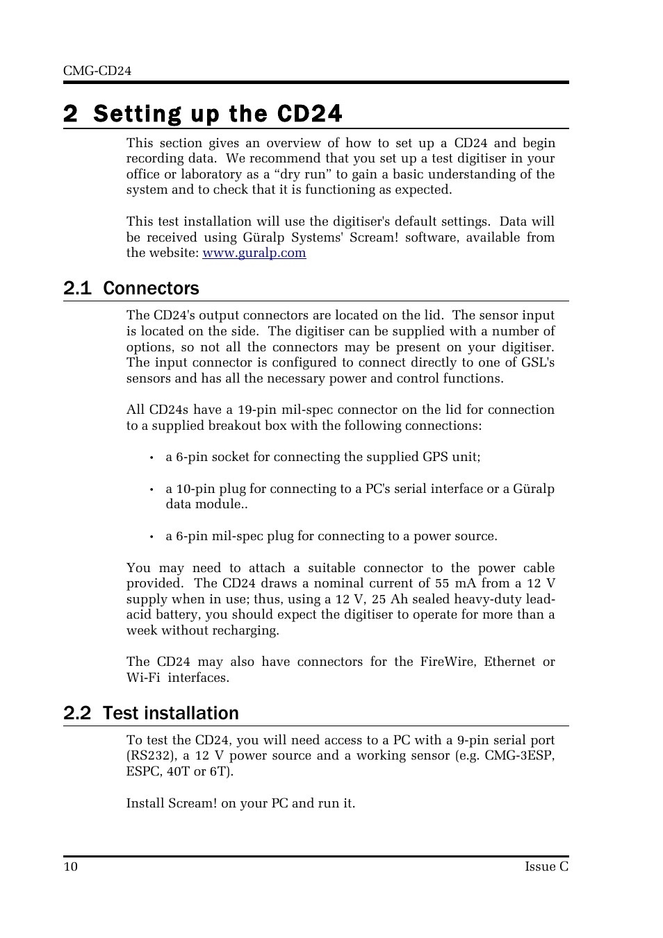 2 setting up the cd24, 1 connectors, 2 test installation | Guralp Systems CMG-CD24 User Manual | Page 10 / 117