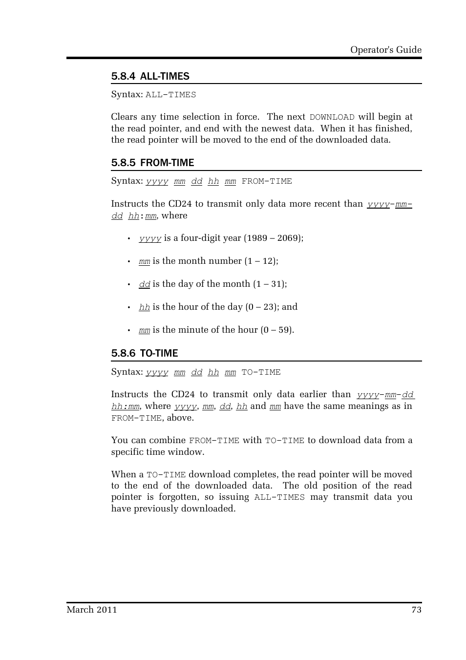 4 all-times, 5 from-time, 6 to-time | Guralp Systems CMG-CD24 User Manual | Page 73 / 117