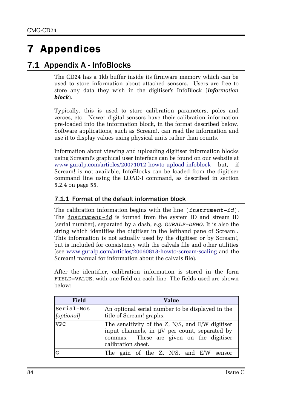 7 appendices, 1 appendix a - infoblocks | Guralp Systems CMG-CD24 User Manual | Page 84 / 117