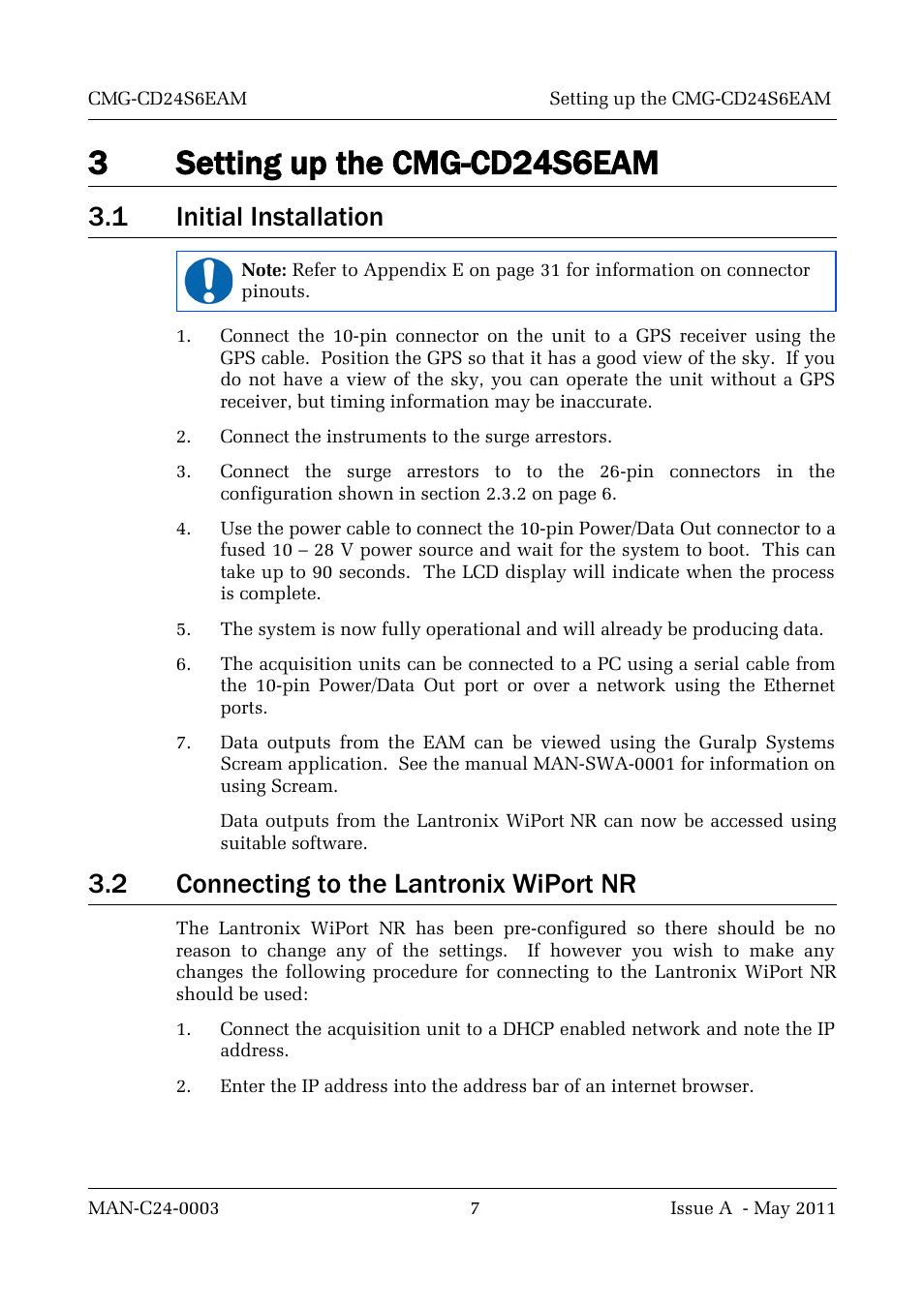 3 setting up the cmg-cd24s6eam, 1 initial installation, 2 connecting to the lantronix wiport nr | 3setting up the cmg-cd24s6eam | Guralp Systems CMG-CD24S6EAM User Manual | Page 10 / 42