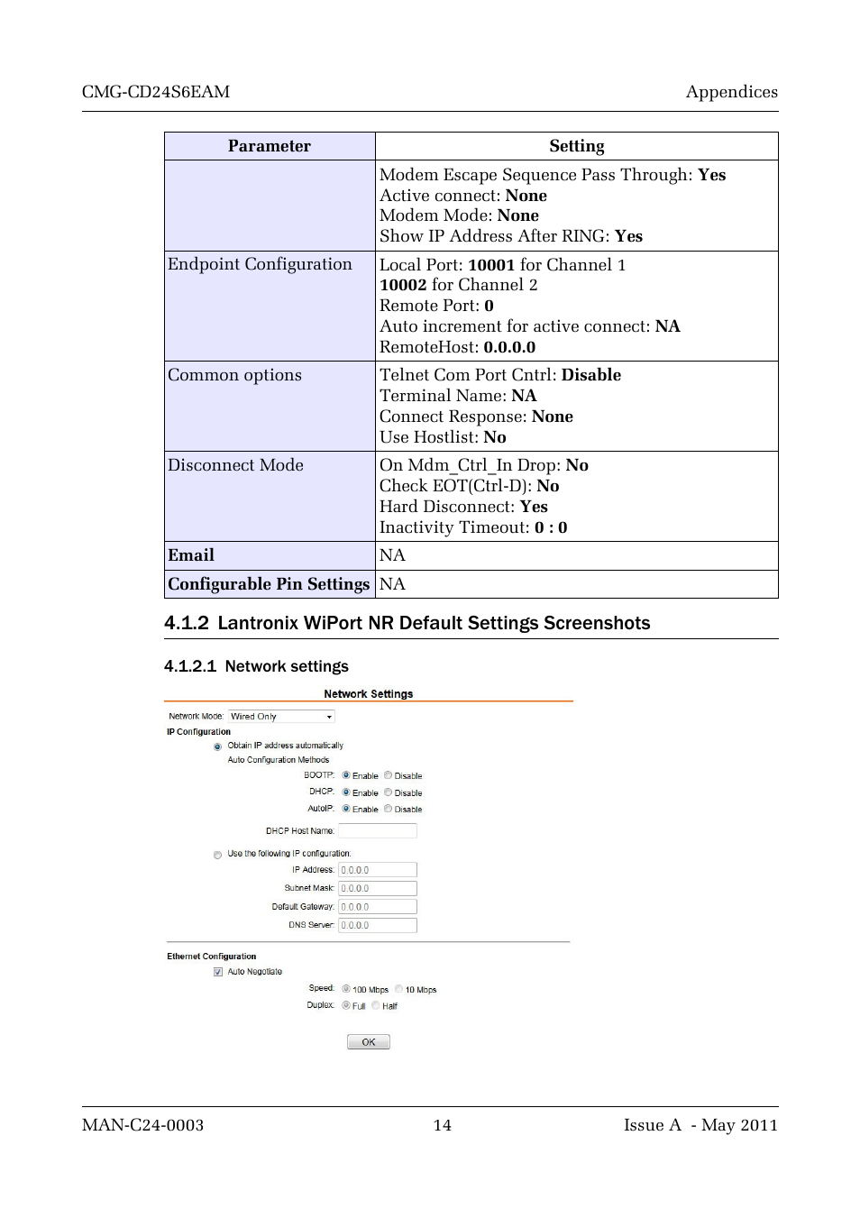 2 lantronix wiport nr default settings screenshots, 1 network settings | Guralp Systems CMG-CD24S6EAM User Manual | Page 17 / 42