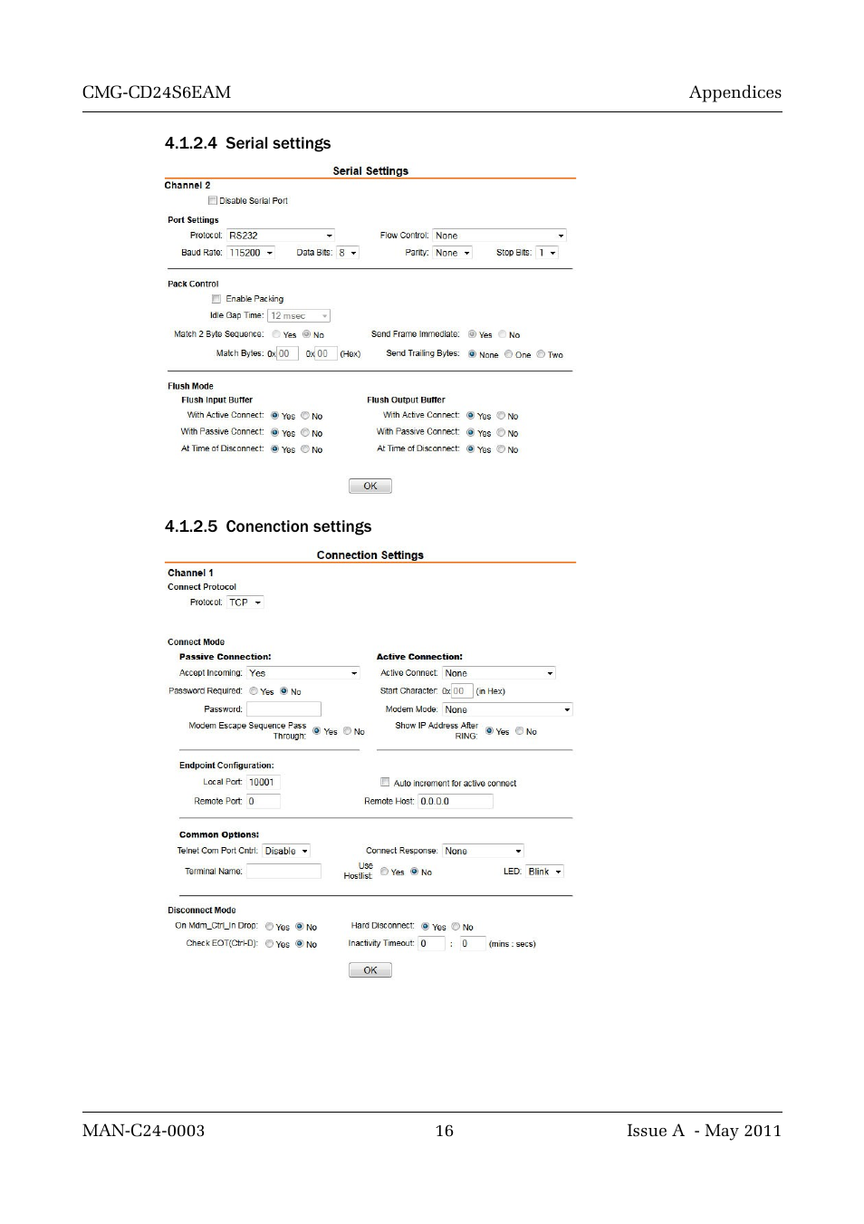 4 serial settings, 5 conenction settings | Guralp Systems CMG-CD24S6EAM User Manual | Page 19 / 42