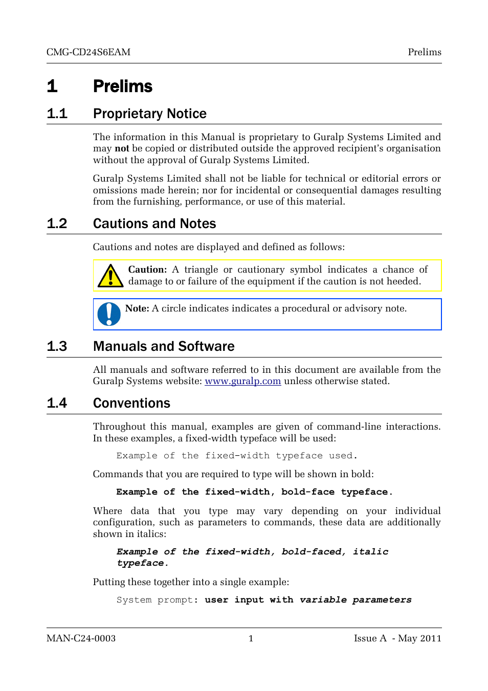 1 prelims, 1 proprietary notice, 2 cautions and notes | 3 manuals and software, 4 conventions, 1prelims | Guralp Systems CMG-CD24S6EAM User Manual | Page 4 / 42