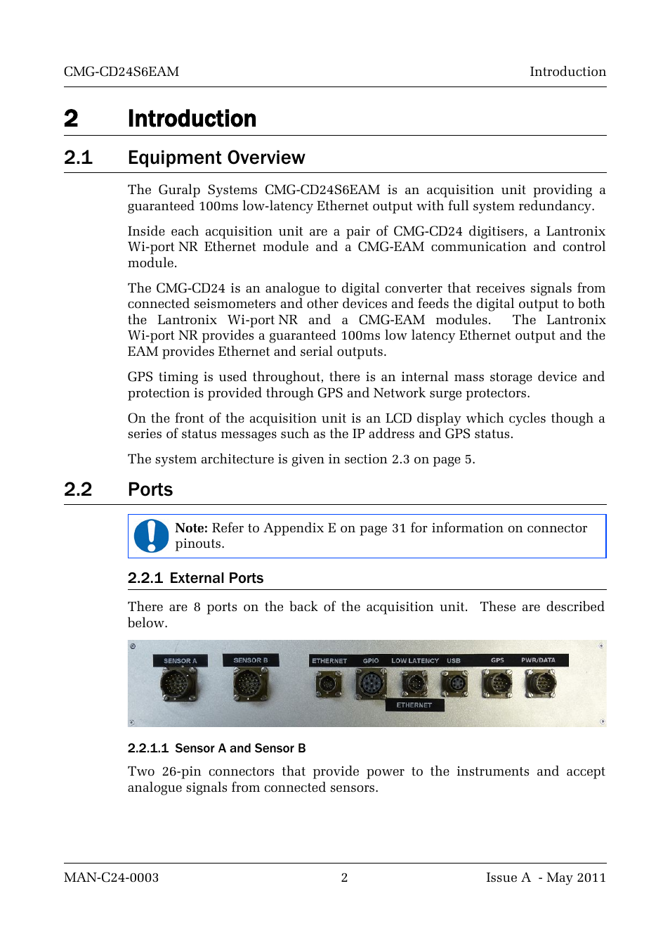 2 introduction, 1 equipment overview, 2 ports | 1 external ports, 1 sensor a and sensor b, 2introduction | Guralp Systems CMG-CD24S6EAM User Manual | Page 5 / 42