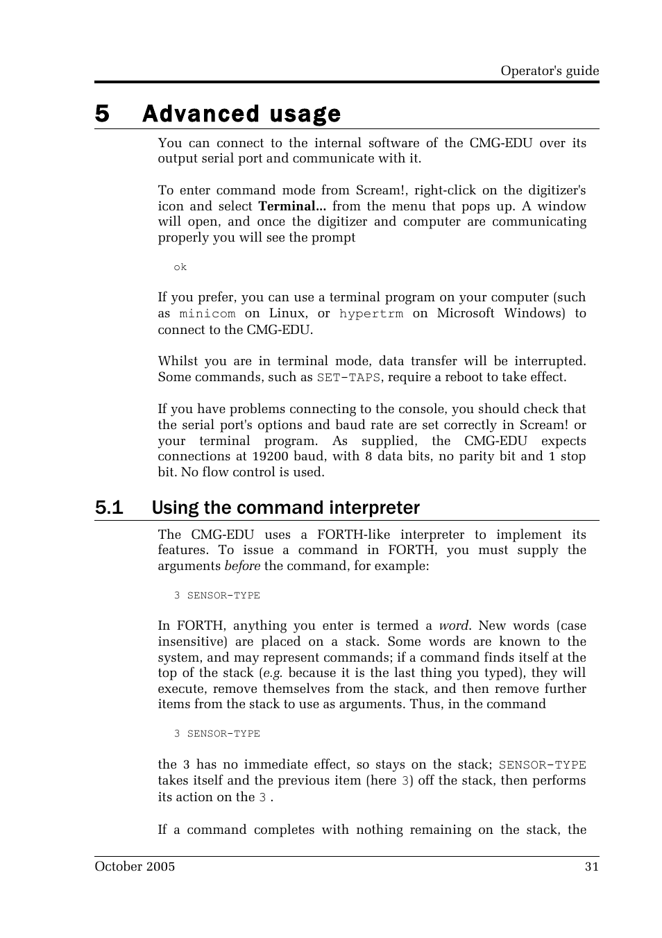 5 advanced usage, 1 using the command interpreter | Guralp Systems CMG-EDU User Manual | Page 31 / 46