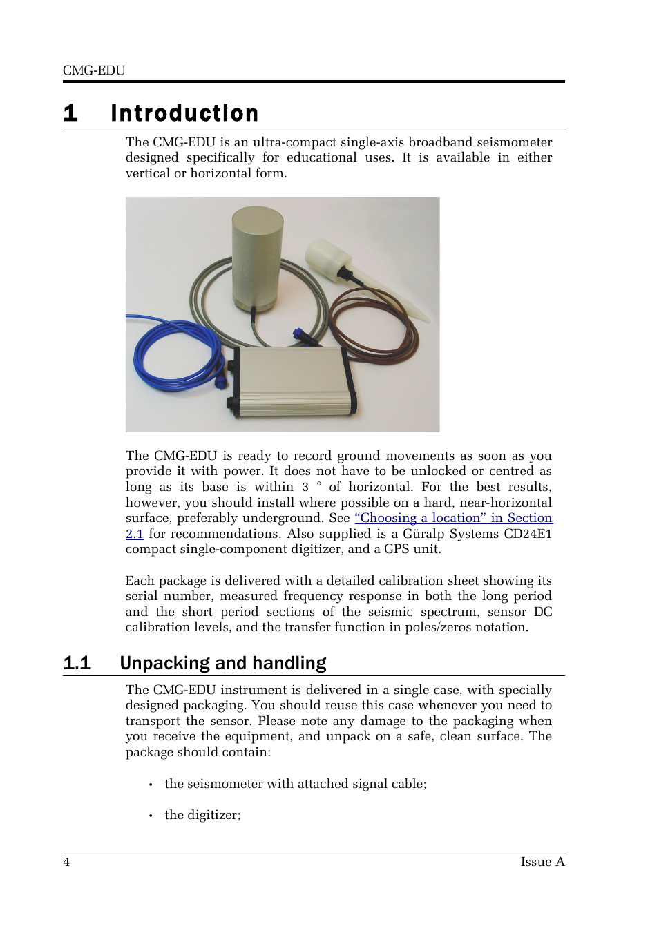 1 introduction, 1 unpacking and handling | Guralp Systems CMG-EDU User Manual | Page 4 / 46