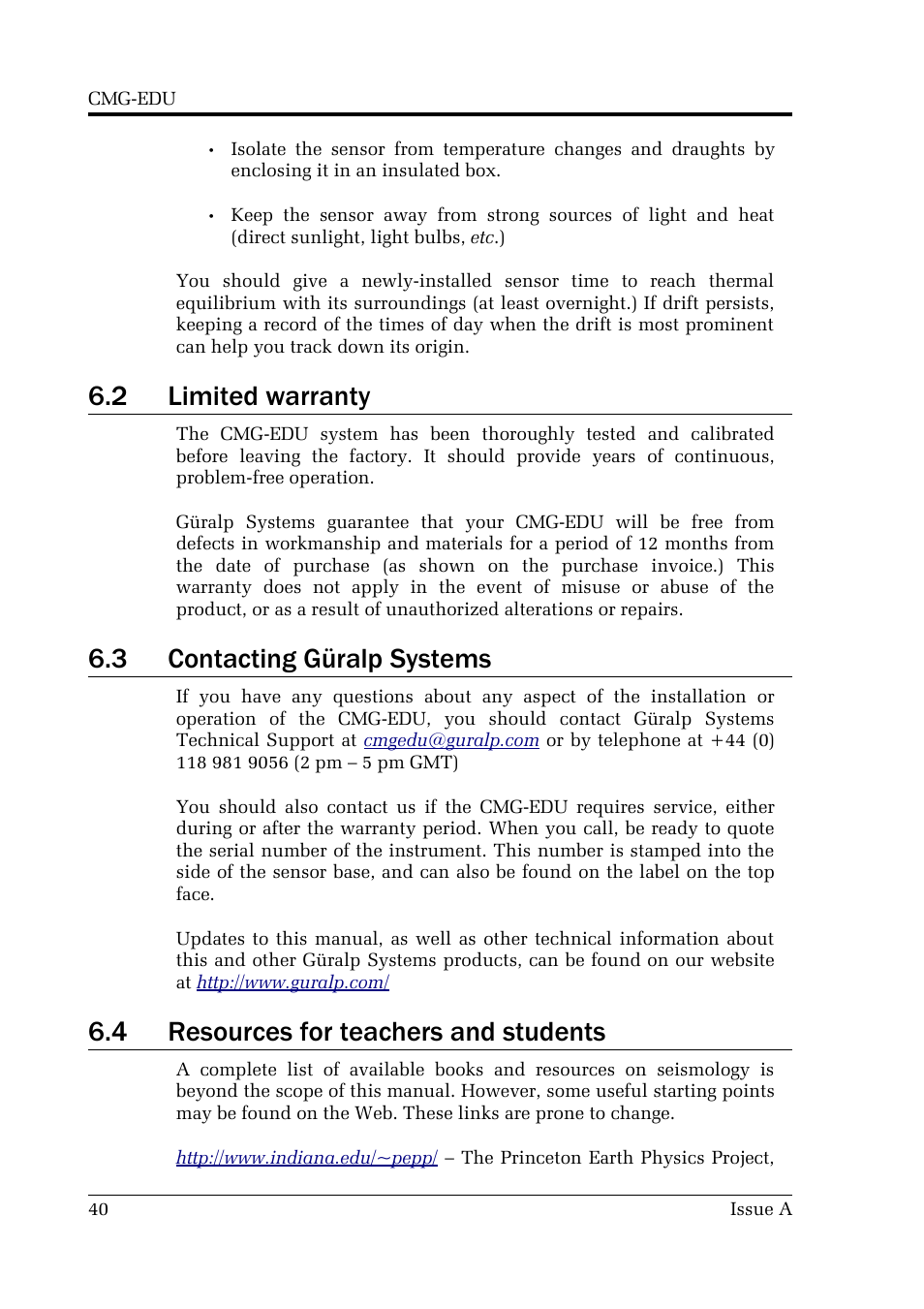 2 limited warranty, 3 contacting güralp systems, 4 resources for teachers and students | Guralp Systems CMG-EDU User Manual | Page 40 / 46