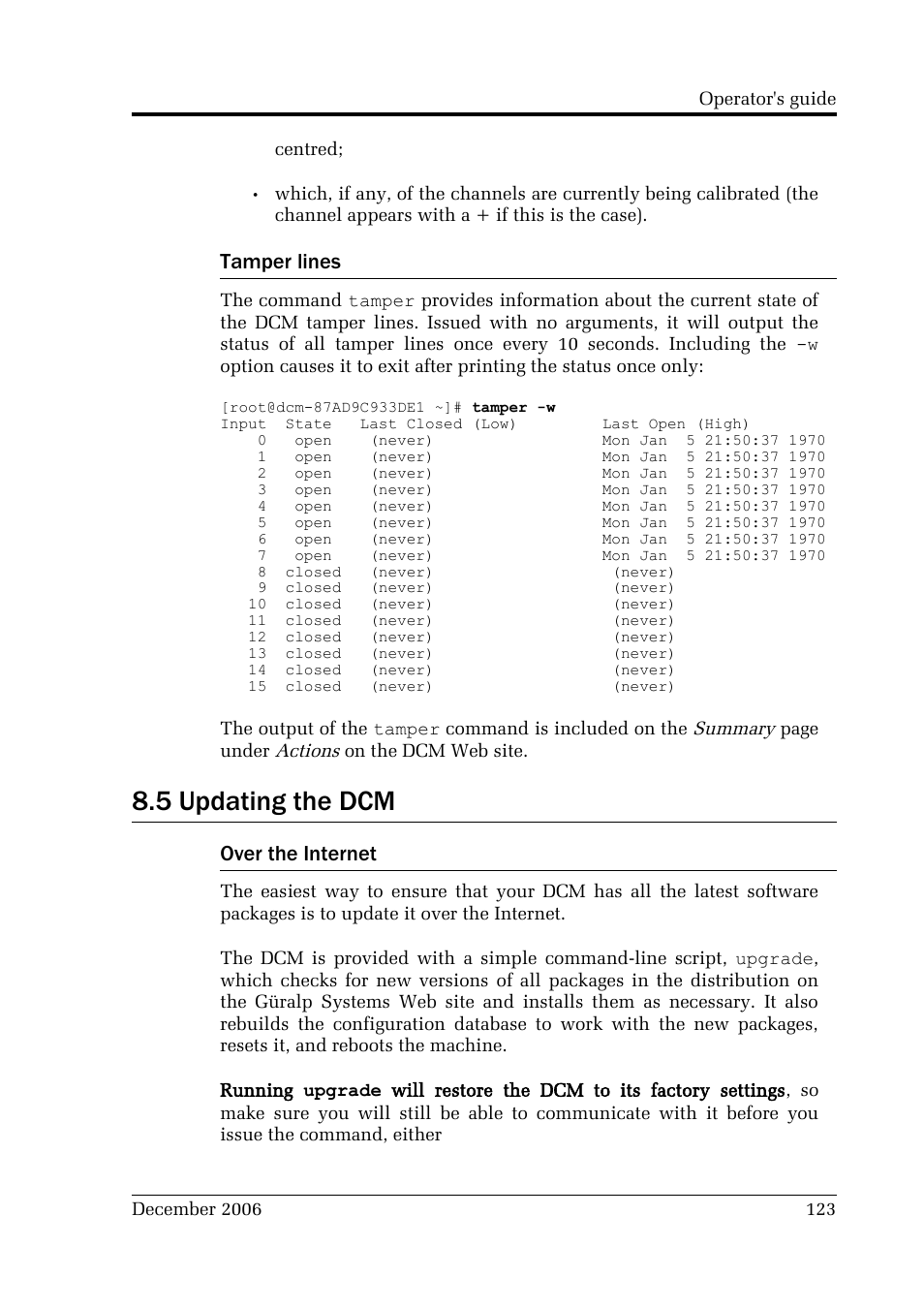 5 updating the dcm, Tamper lines, Over the internet | Guralp Systems CMG-DCM User Manual | Page 123 / 132