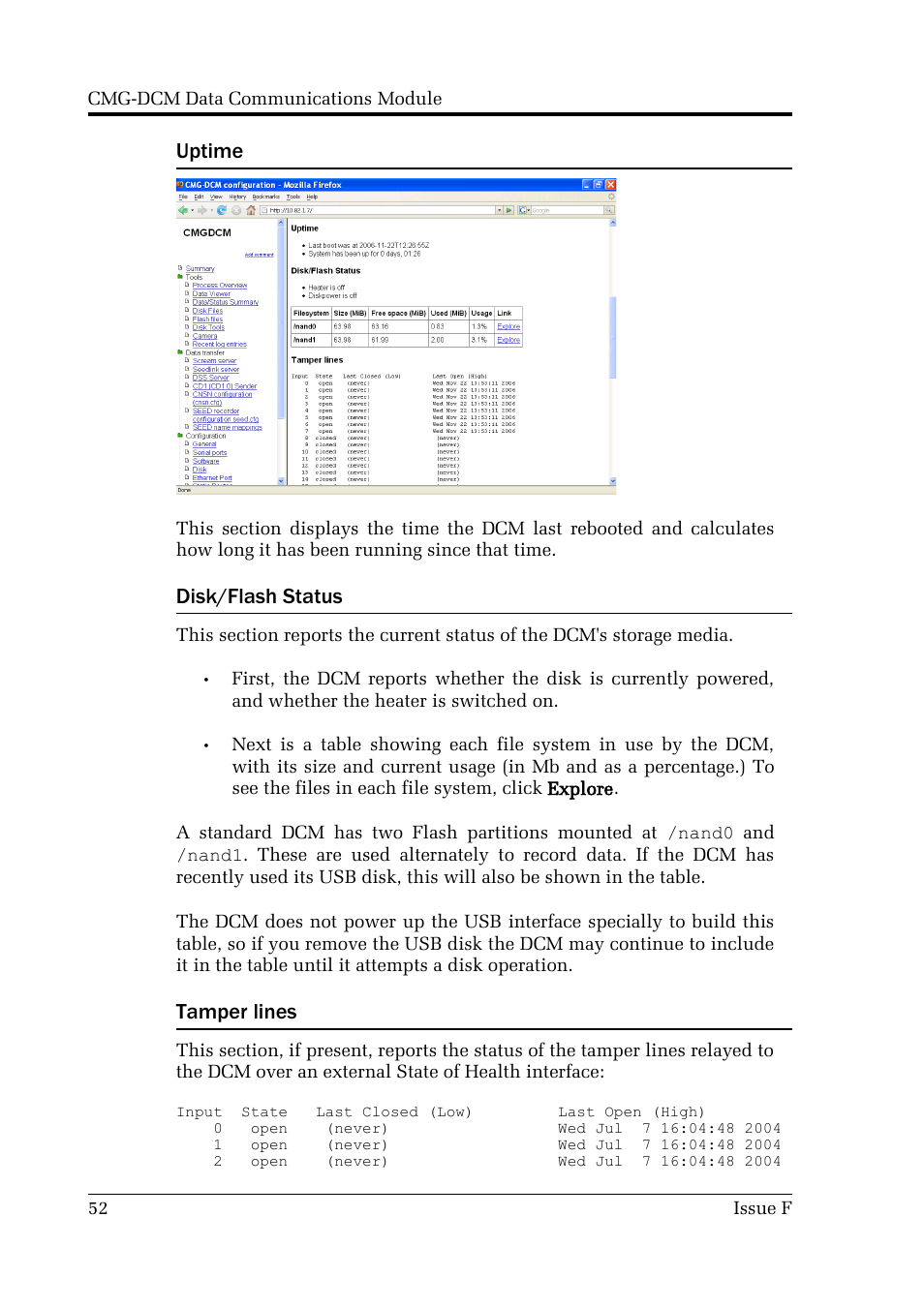Uptime, Disk/flash status, Tamper lines | Guralp Systems CMG-DCM User Manual | Page 52 / 132