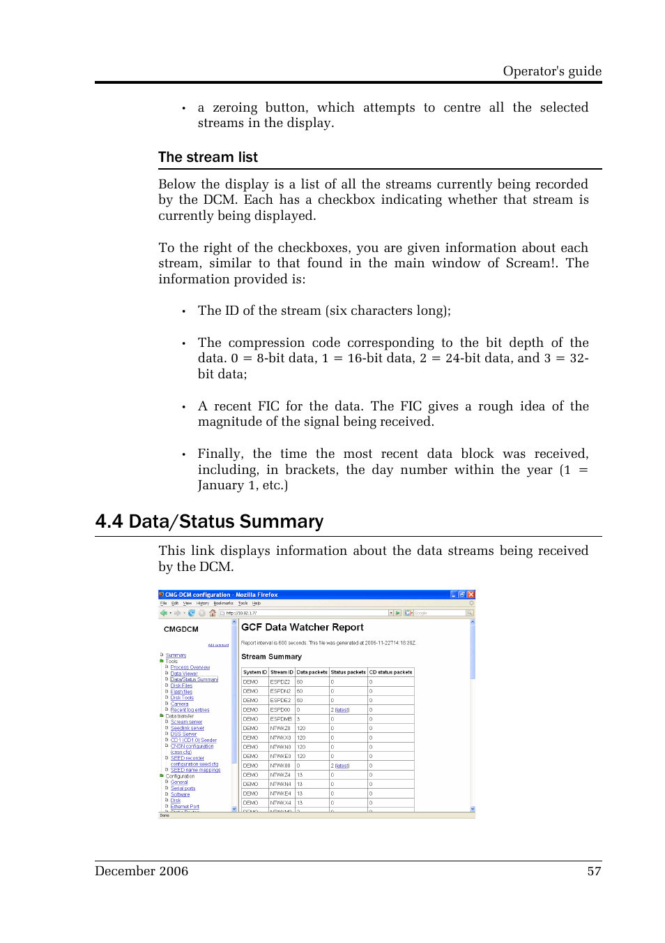 4 data/status summary, The stream list | Guralp Systems CMG-DCM User Manual | Page 57 / 132