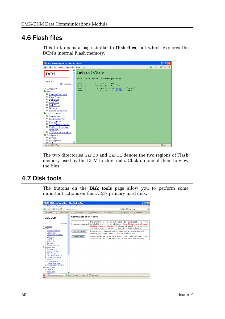 6 flash files, 7 disk tools | Guralp Systems CMG-DCM User Manual | Page 60 / 132