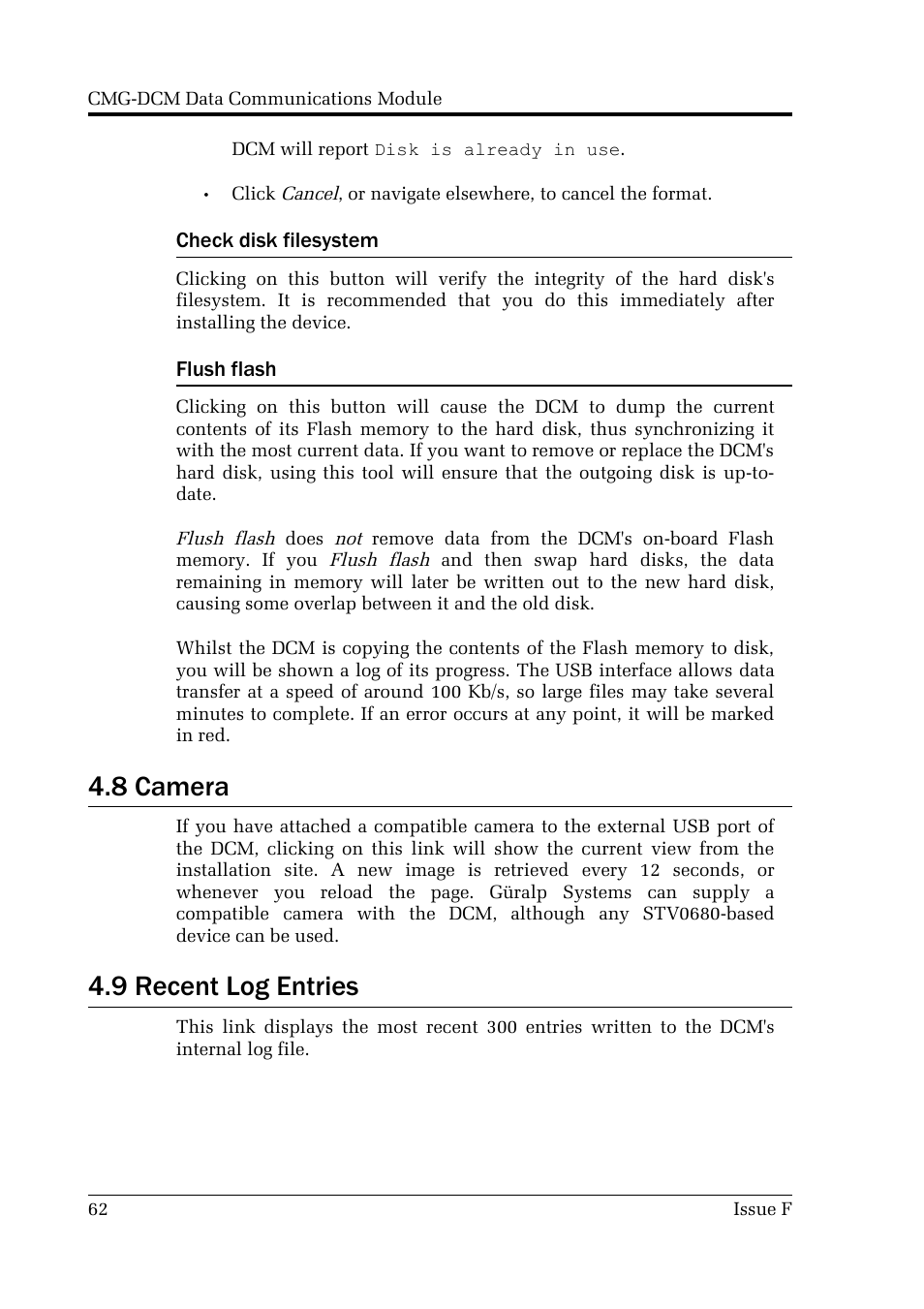 8 camera, 9 recent log entries | Guralp Systems CMG-DCM User Manual | Page 62 / 132