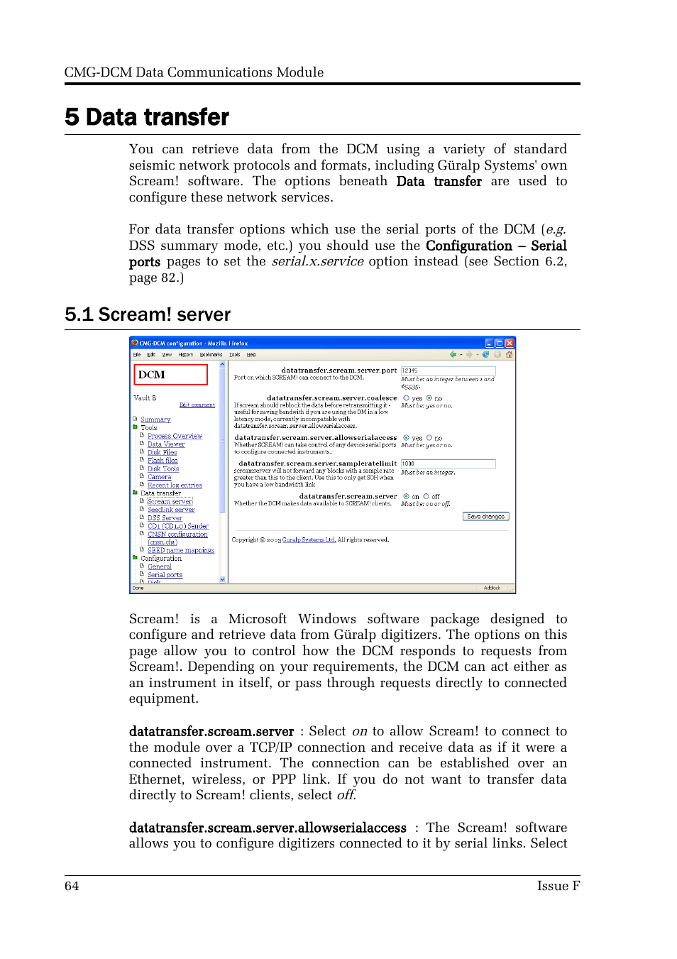 5 data transfer, 1 scream! server | Guralp Systems CMG-DCM User Manual | Page 64 / 132