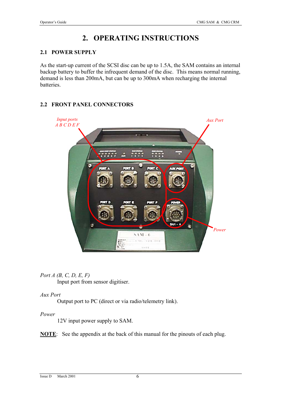 Aux port, Power, Operating instructions | Guralp Systems CMG-SAM User Manual | Page 8 / 29