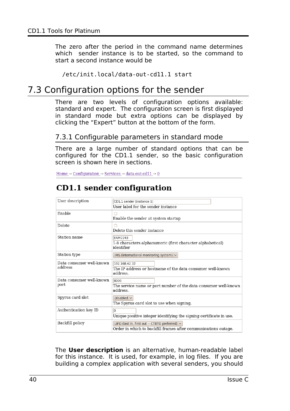 3 configuration options for the sender, 1 configurable parameters in standard mode | Guralp Systems CD1.1 User Manual | Page 40 / 84