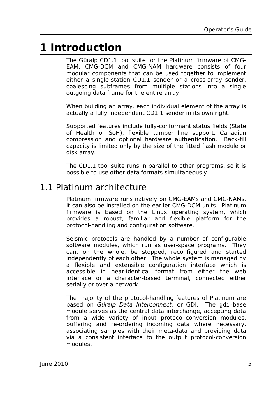 1 introduction, 1 platinum architecture | Guralp Systems CD1.1 User Manual | Page 5 / 84