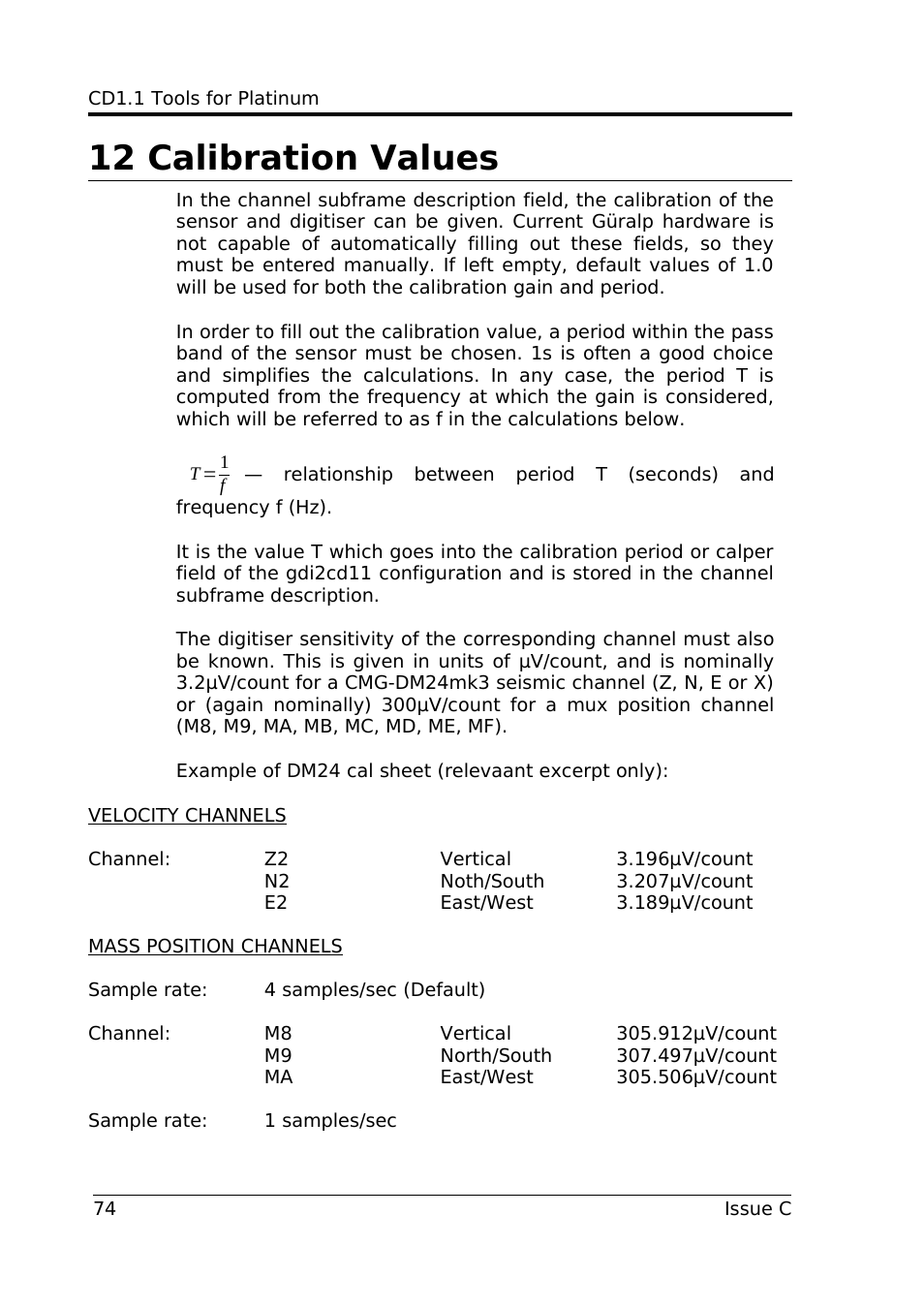 12 calibration values | Guralp Systems CD1.1 User Manual | Page 74 / 84