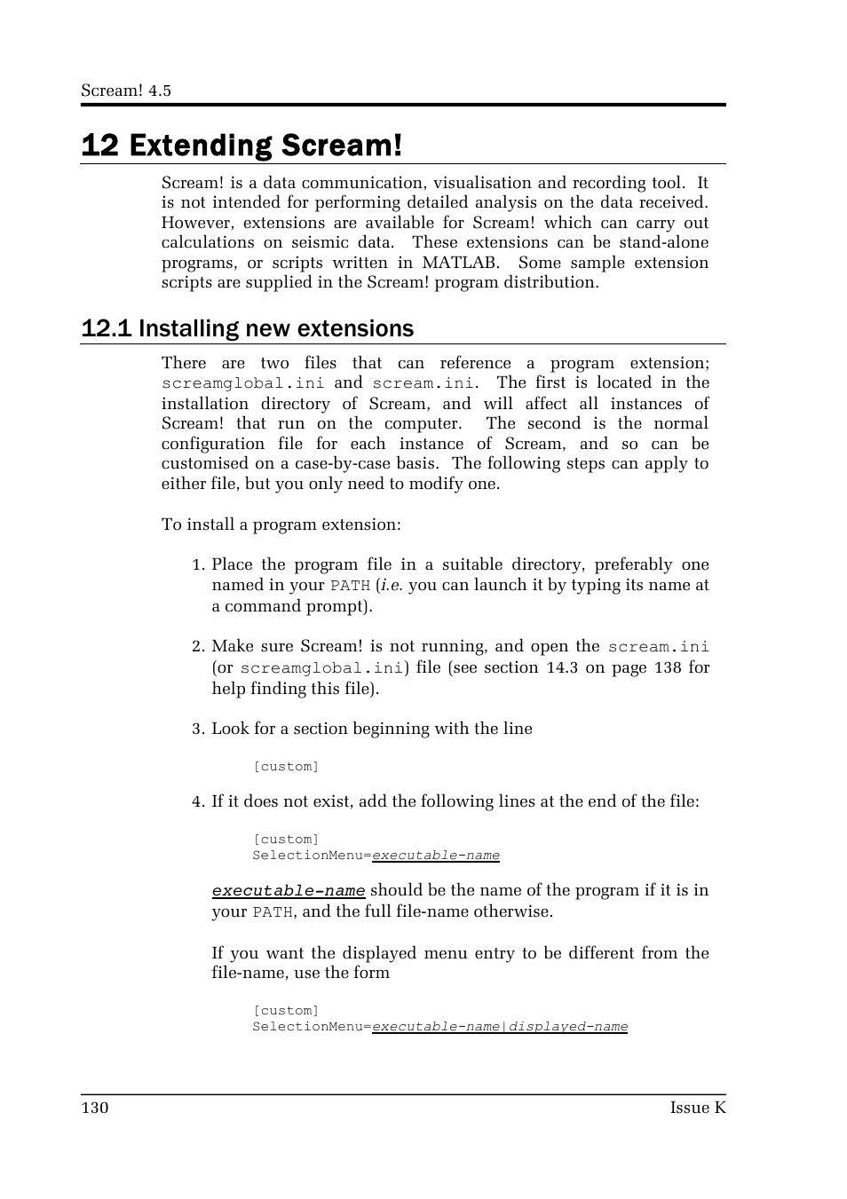 12 extending scream, 1 installing new extensions | Guralp Systems Scream User Manual | Page 130 / 142
