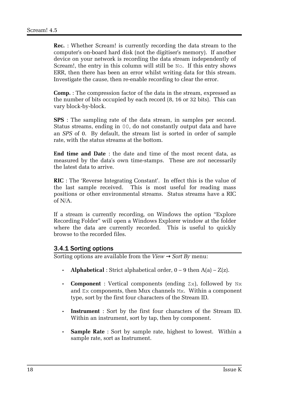 1 sorting options | Guralp Systems Scream User Manual | Page 18 / 142