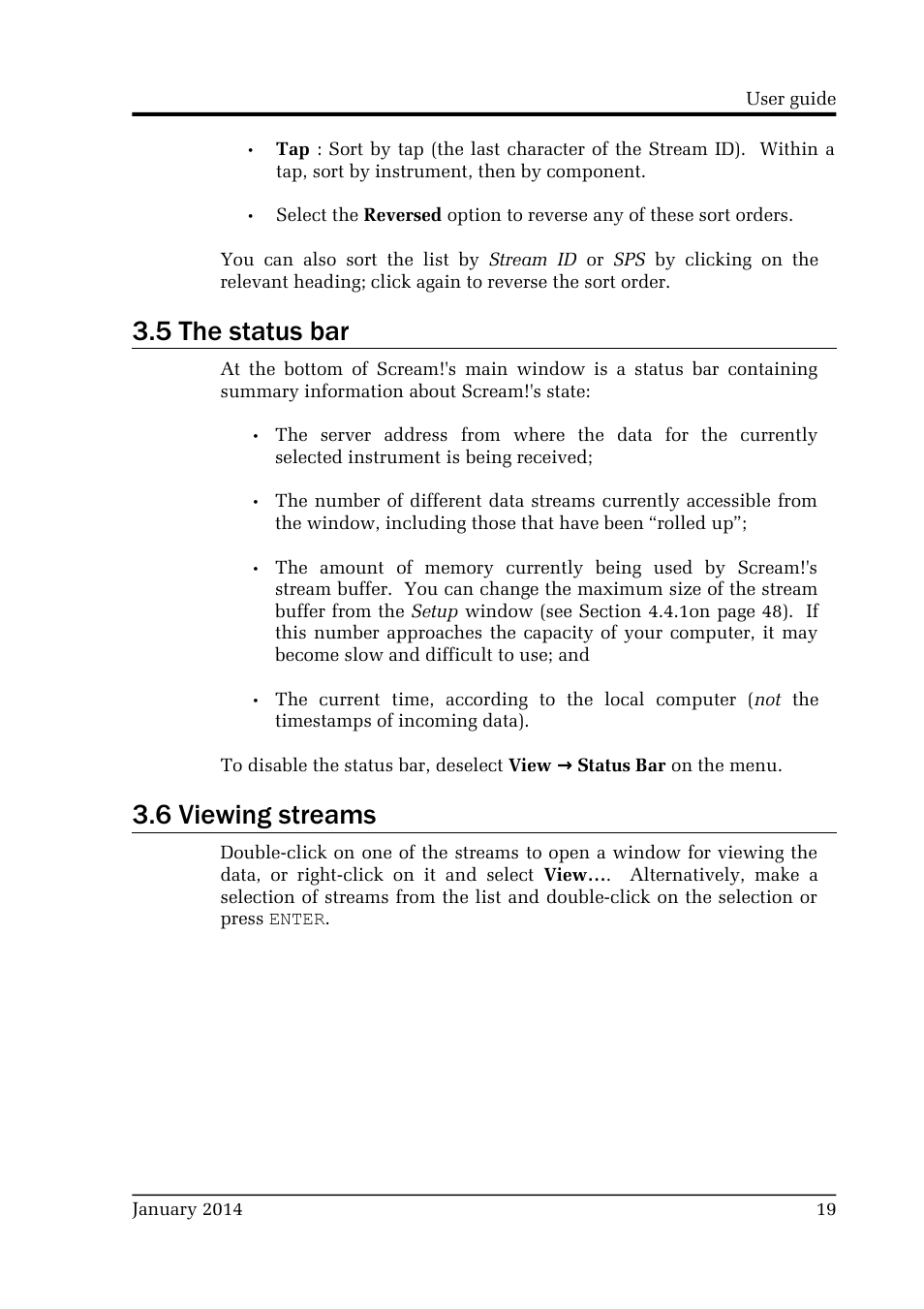 5 the status bar, 6 viewing streams | Guralp Systems Scream User Manual | Page 19 / 142