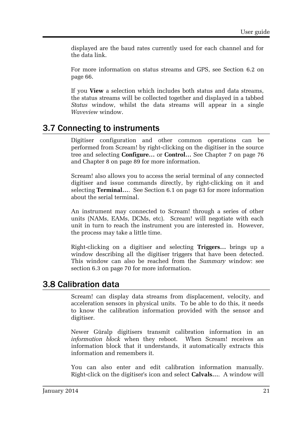 7 connecting to instruments, 8 calibration data | Guralp Systems Scream User Manual | Page 21 / 142
