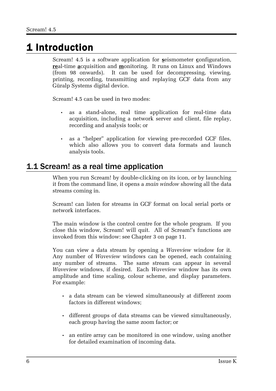 1 introduction, 1 scream! as a real time application | Guralp Systems Scream User Manual | Page 6 / 142