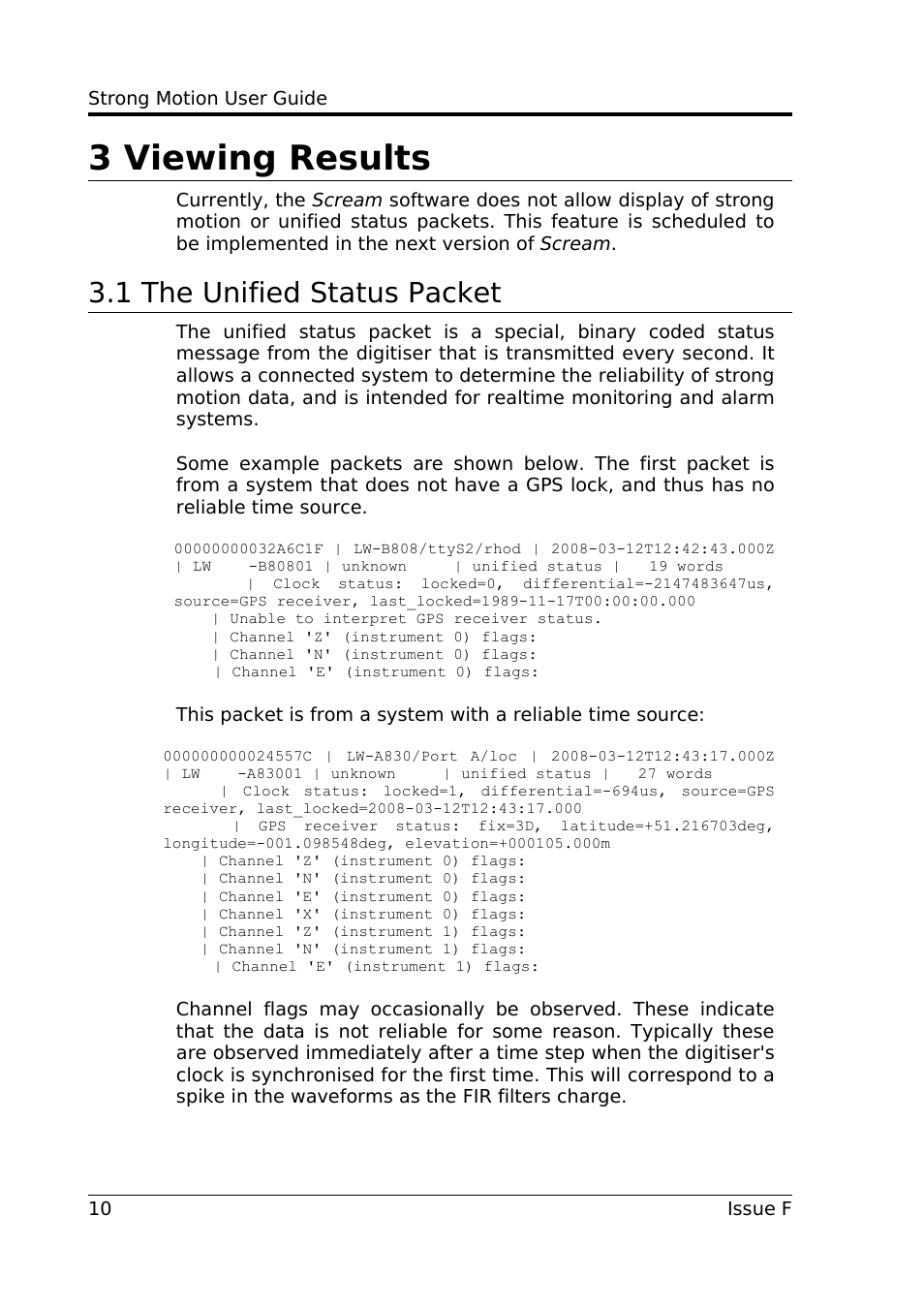 3 viewing results, 1 the unified status packet | Guralp Systems Strong Motion User Manual | Page 10 / 17