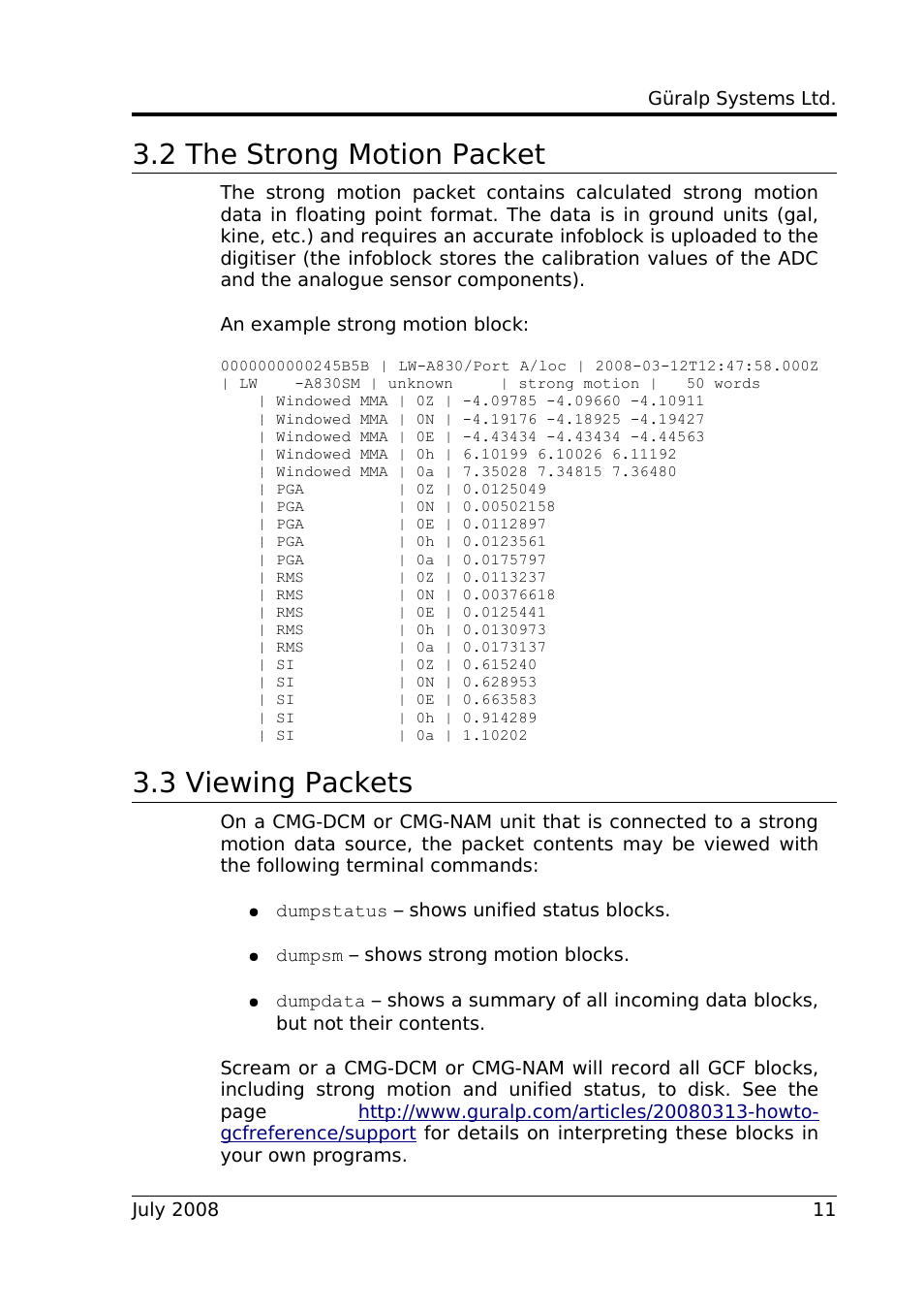 2 the strong motion packet, 3 viewing packets | Guralp Systems Strong Motion User Manual | Page 11 / 17