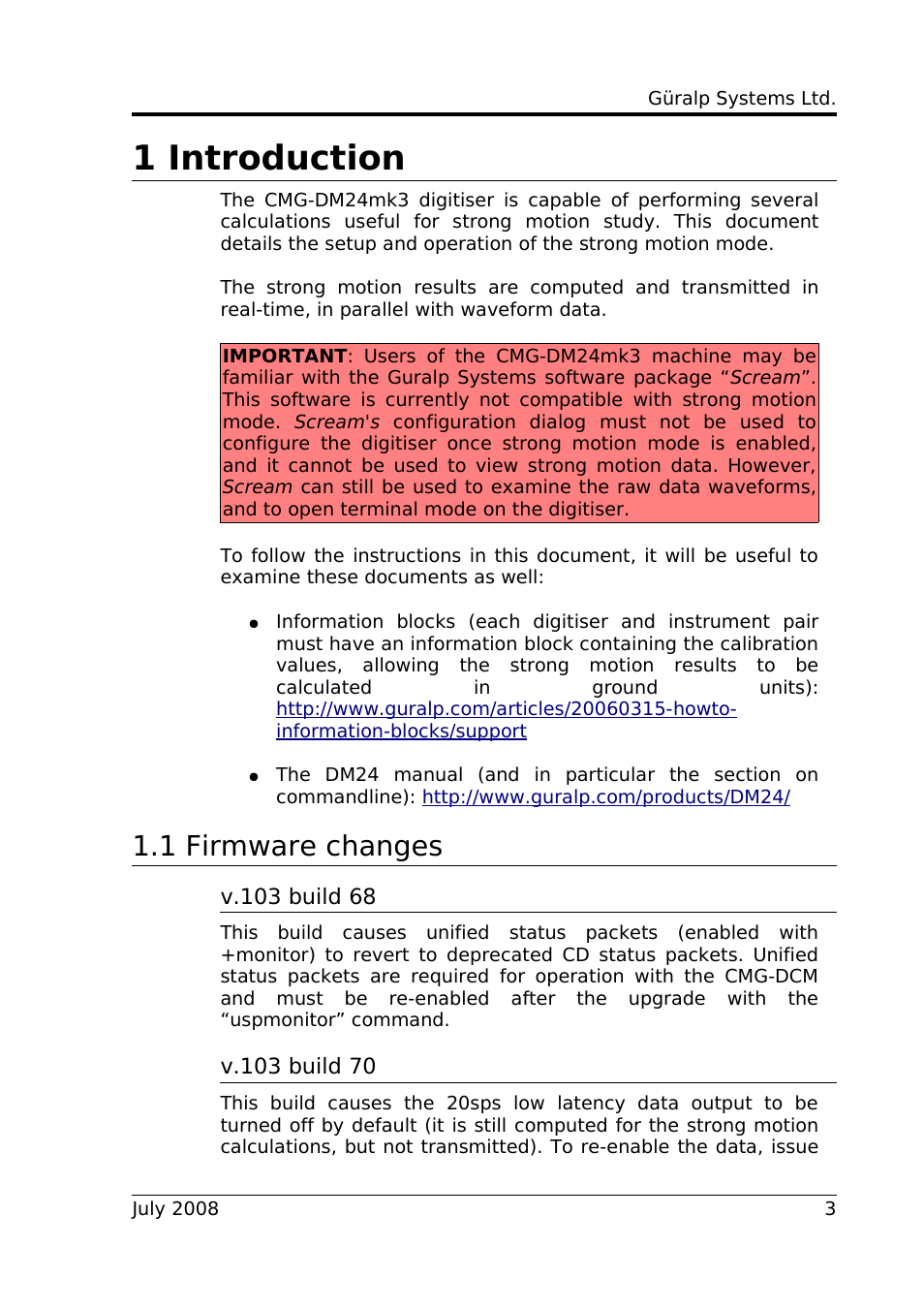 1 introduction, 1 firmware changes | Guralp Systems Strong Motion User Manual | Page 3 / 17