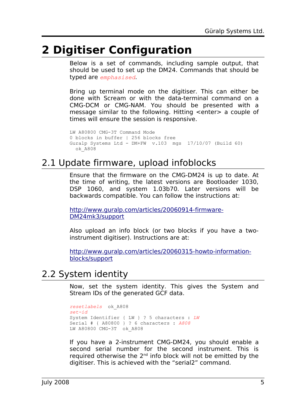 2 digitiser configuration, 1 update firmware, upload infoblocks, 2 system identity | Guralp Systems Strong Motion User Manual | Page 5 / 17