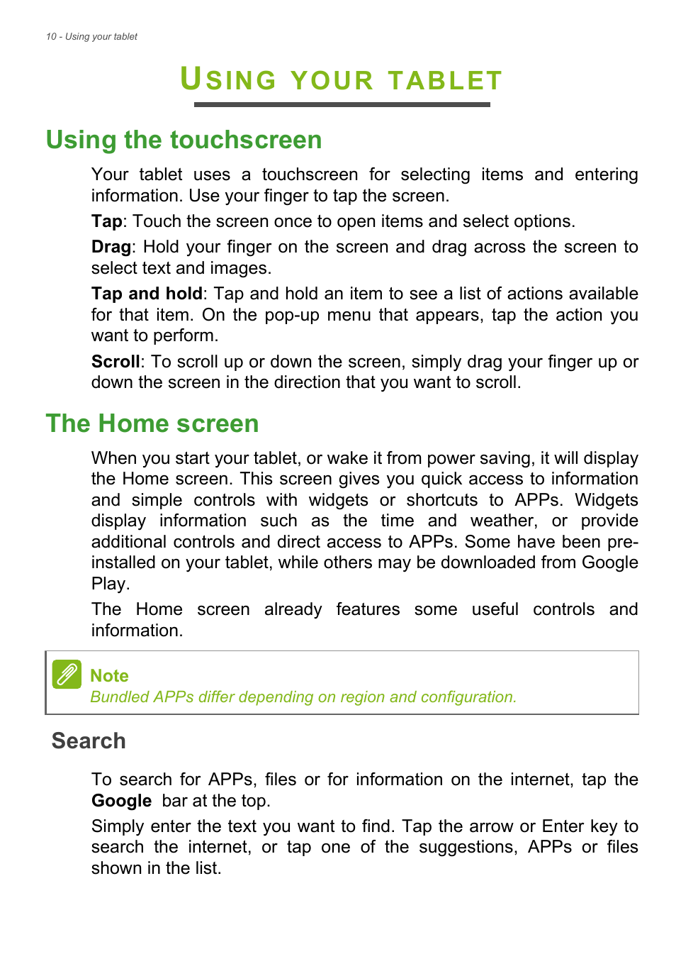 Using your tablet, Using the touchscreen, The home screen | Search, Using the touchscreen the home screen, Sing, Your, Tablet using the touchscreen | Acer Iconia Talk S A1-724 User Manual | Page 10 / 56