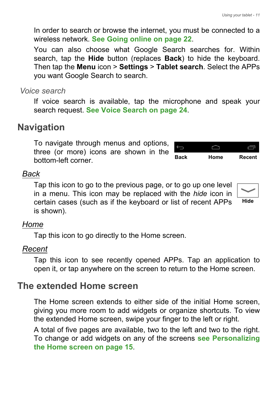 Navigation, The extended home screen | Acer Iconia Talk S A1-724 User Manual | Page 11 / 56