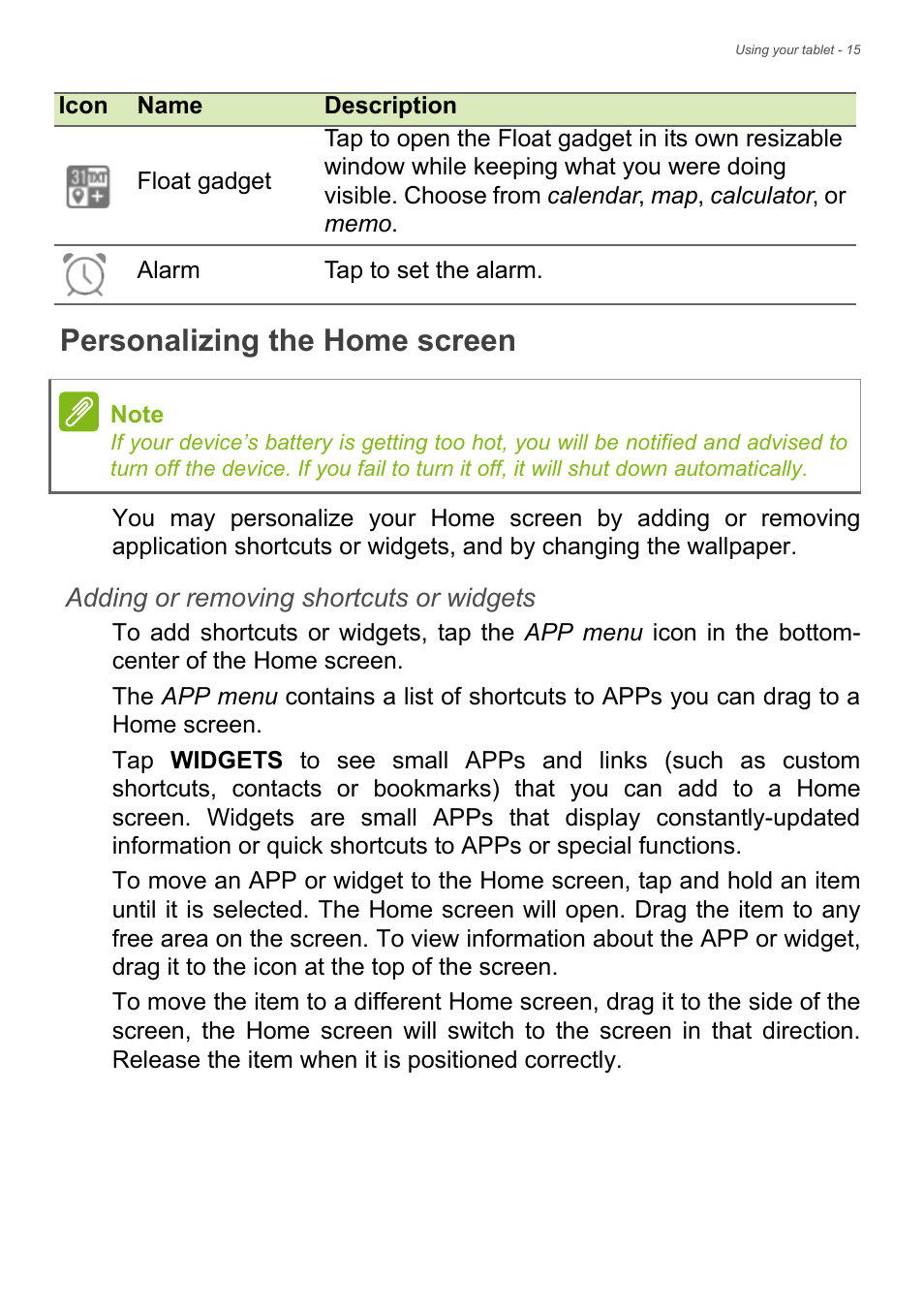 Personalizing the home screen, See personalizing, Adding or removing shortcuts or widgets | Acer Iconia Talk S A1-724 User Manual | Page 15 / 56