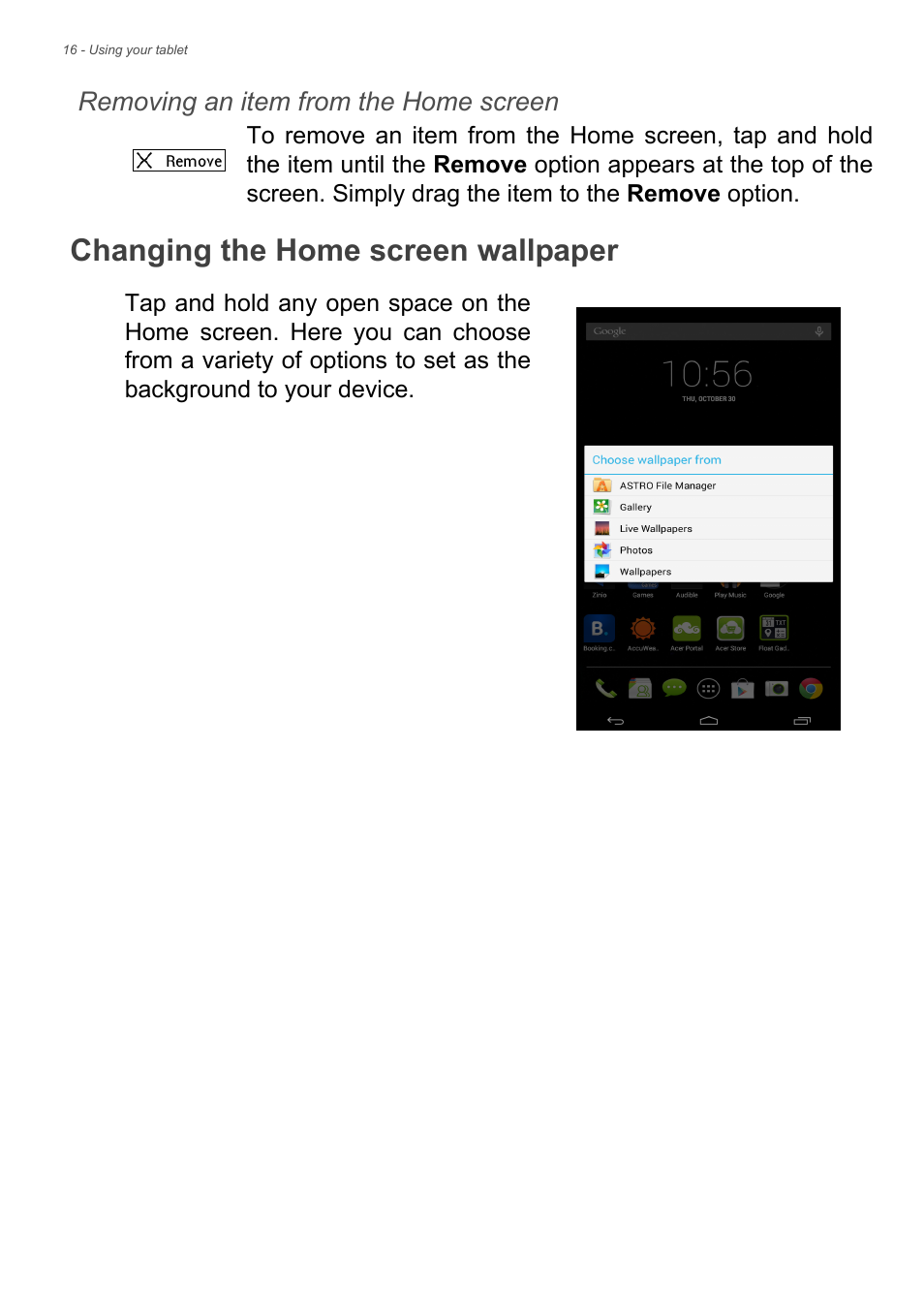 Changing the home screen wallpaper | Acer Iconia Talk S A1-724 User Manual | Page 16 / 56