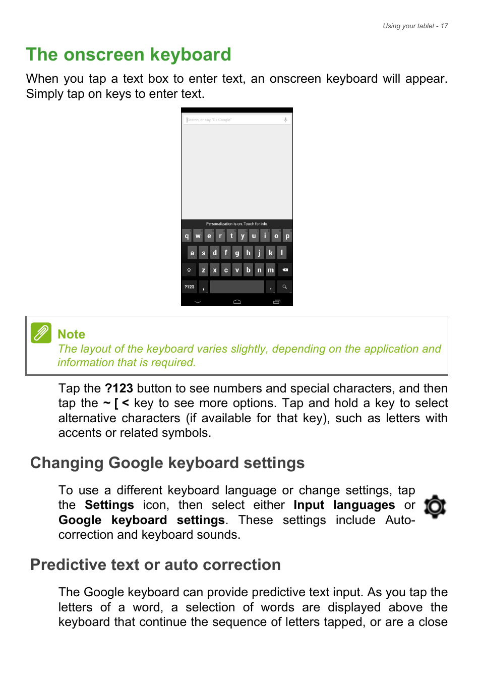 The onscreen keyboard, Changing google keyboard settings, Predictive text or auto correction | Acer Iconia Talk S A1-724 User Manual | Page 17 / 56