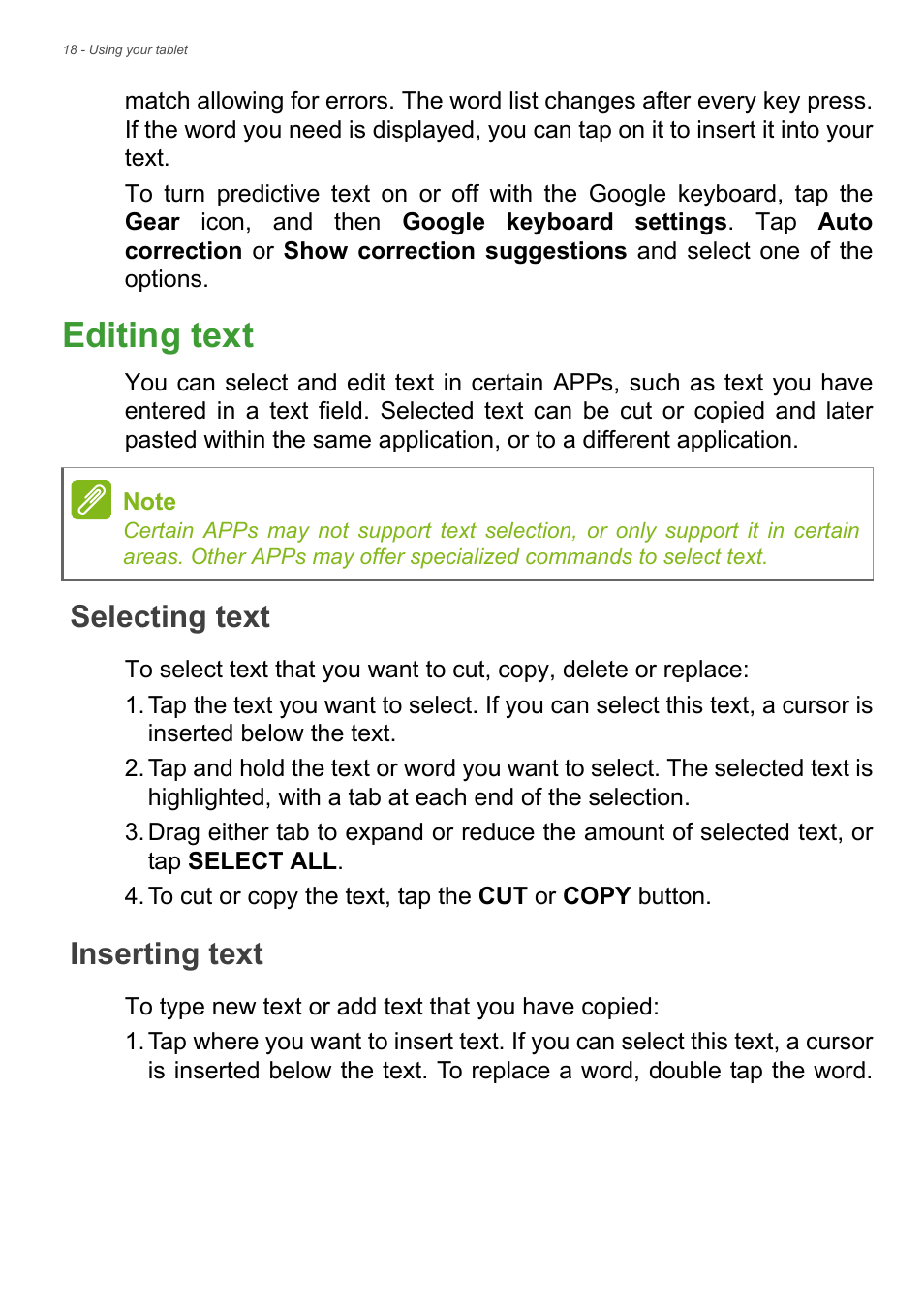 Editing text, Selecting text, Inserting text | Acer Iconia Talk S A1-724 User Manual | Page 18 / 56