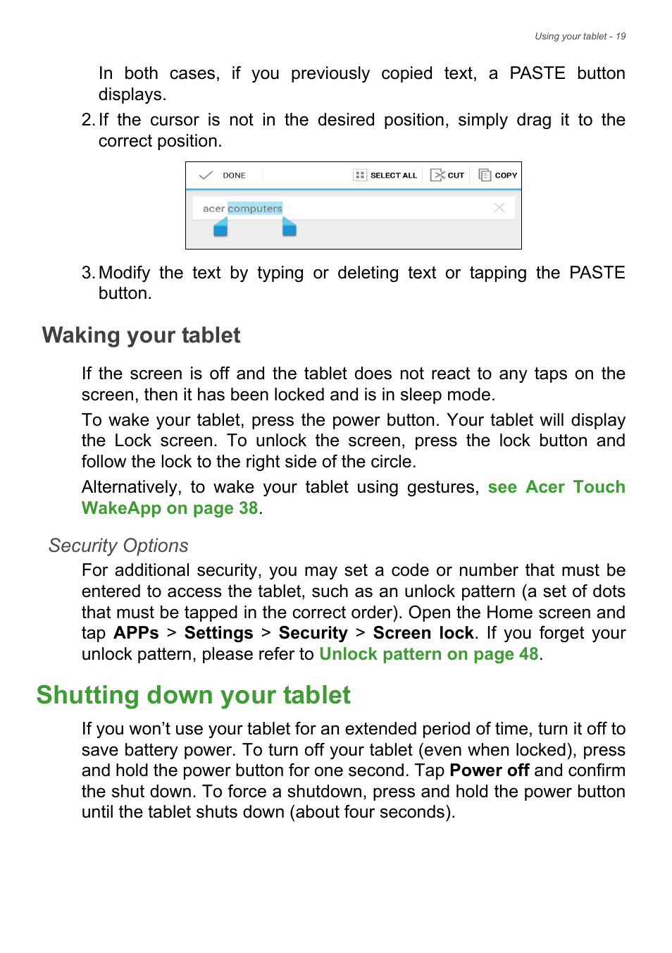 Waking your tablet, Shutting down your tablet | Acer Iconia Talk S A1-724 User Manual | Page 19 / 56