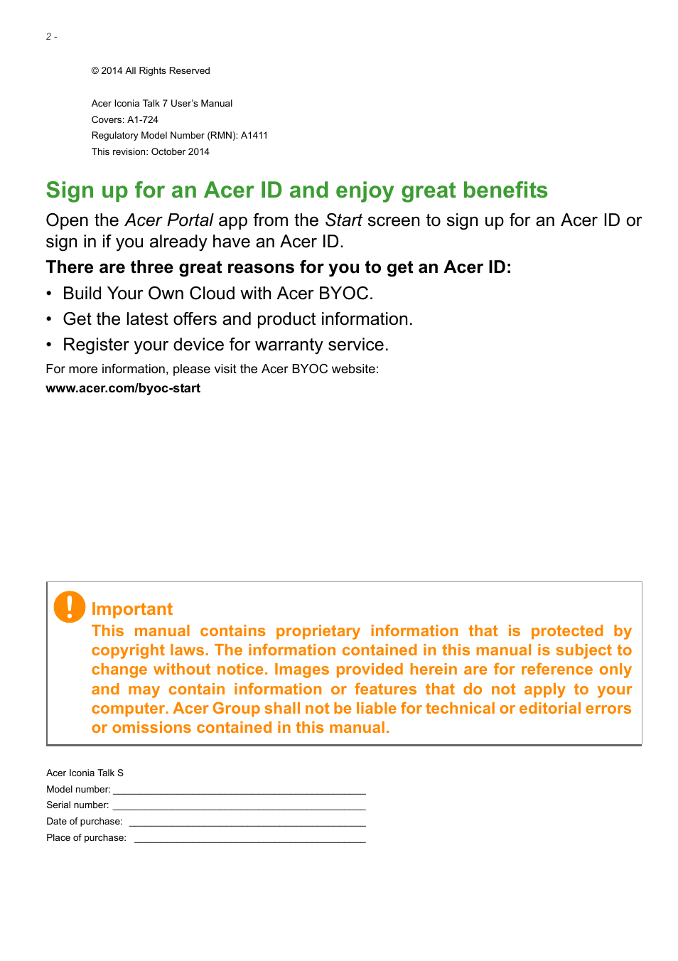 Sign up for an acer id and enjoy great benefits, Important | Acer Iconia Talk S A1-724 User Manual | Page 2 / 56