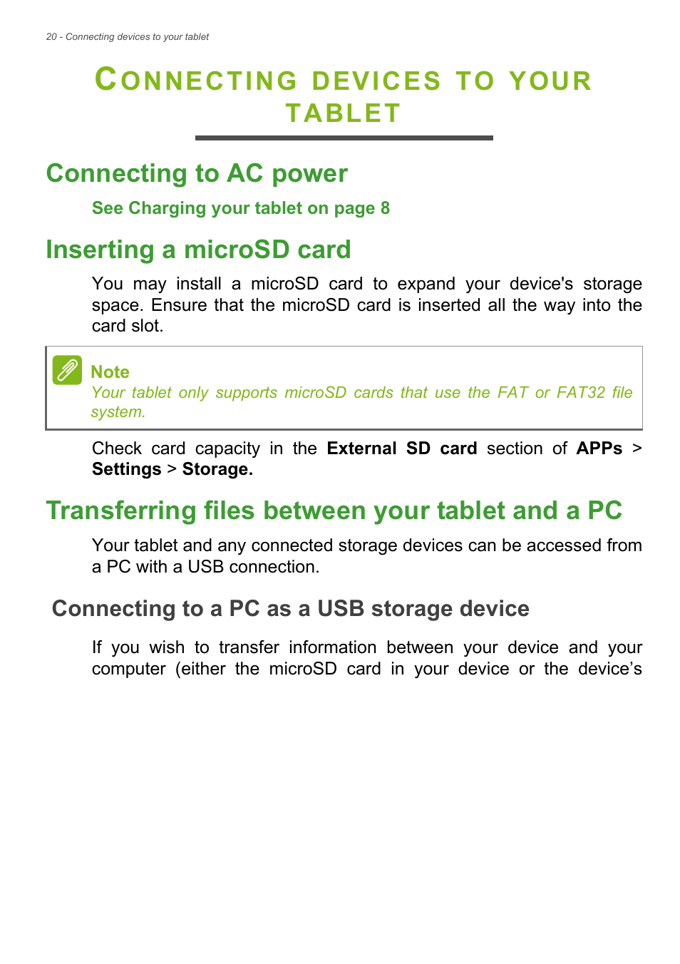 Connecting devices to your tablet, Connecting to ac power, Inserting a microsd card | Transferring files between your tablet and a pc, Connecting to a pc as a usb storage device | Acer Iconia Talk S A1-724 User Manual | Page 20 / 56