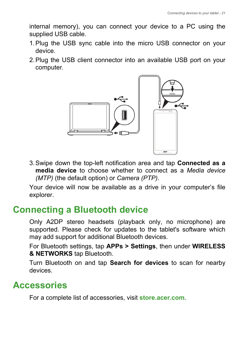 Connecting a bluetooth device, Accessories, Connecting a bluetooth device accessories | Acer Iconia Talk S A1-724 User Manual | Page 21 / 56