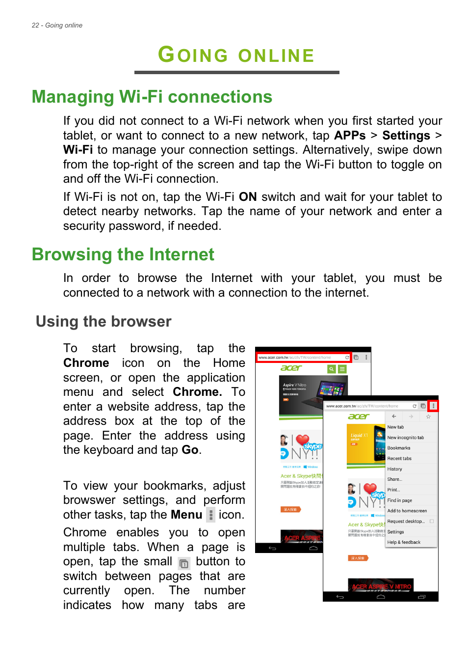 Going online, Managing wi-fi connections, Browsing the internet | Using the browser, Managing wi-fi connections browsing the internet, Wireless network, Oing, Online managing wi-fi connections | Acer Iconia Talk S A1-724 User Manual | Page 22 / 56