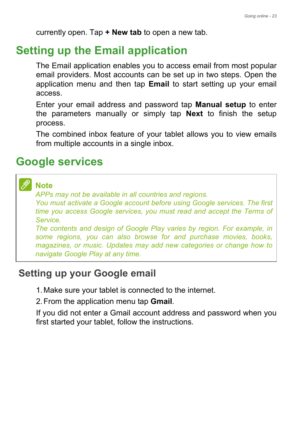 Setting up the email application, Google services, Setting up your google email | Acer Iconia Talk S A1-724 User Manual | Page 23 / 56