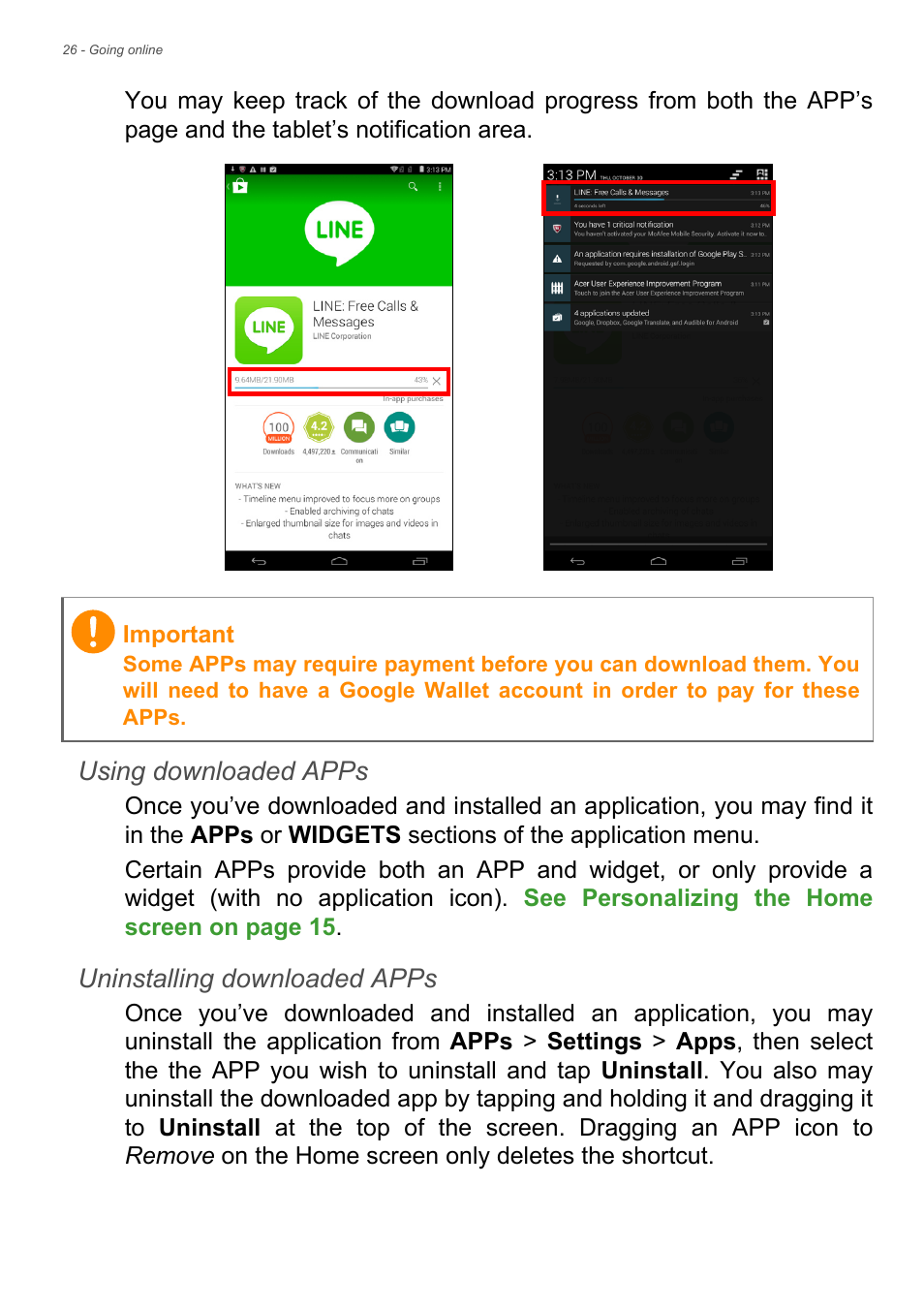 Using downloaded apps, Uninstalling downloaded apps | Acer Iconia Talk S A1-724 User Manual | Page 26 / 56