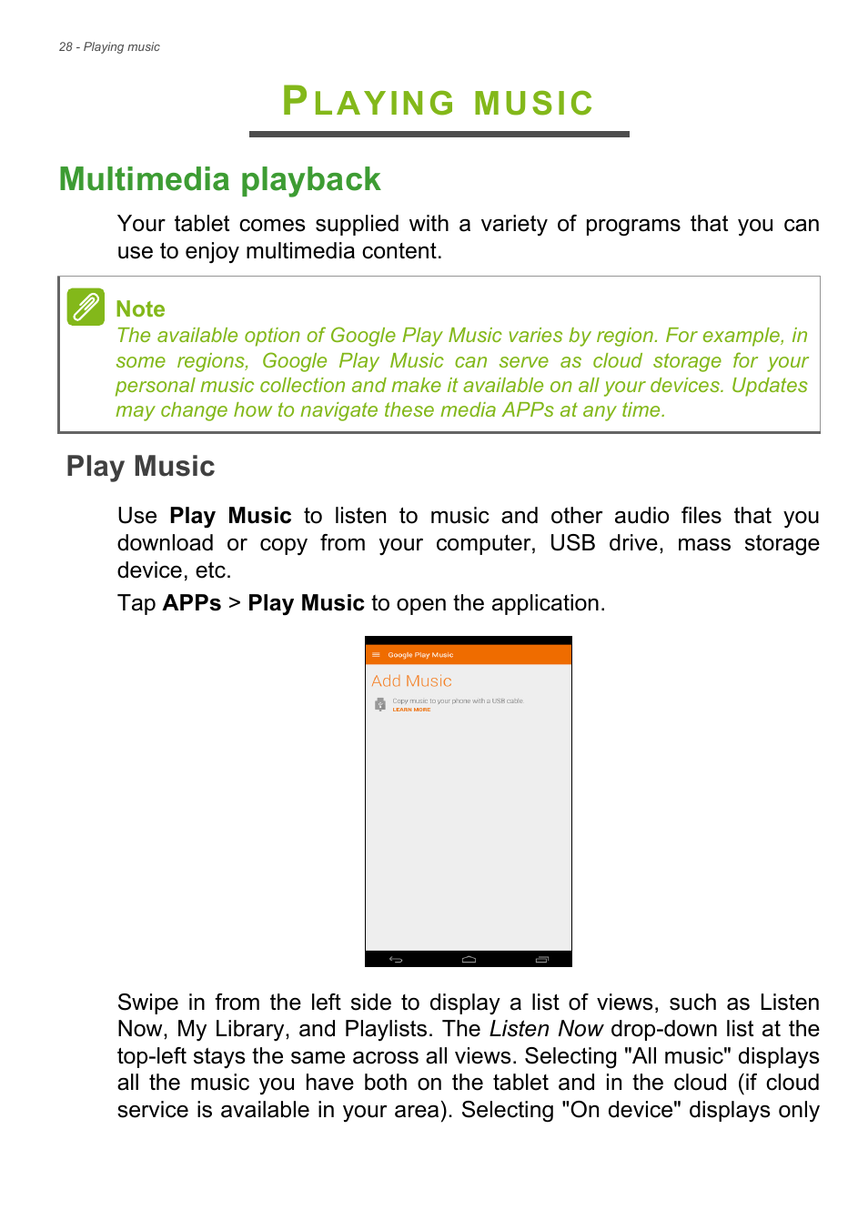 Playing music, Multimedia playback, Play music | Laying, Music multimedia playback | Acer Iconia Talk S A1-724 User Manual | Page 28 / 56